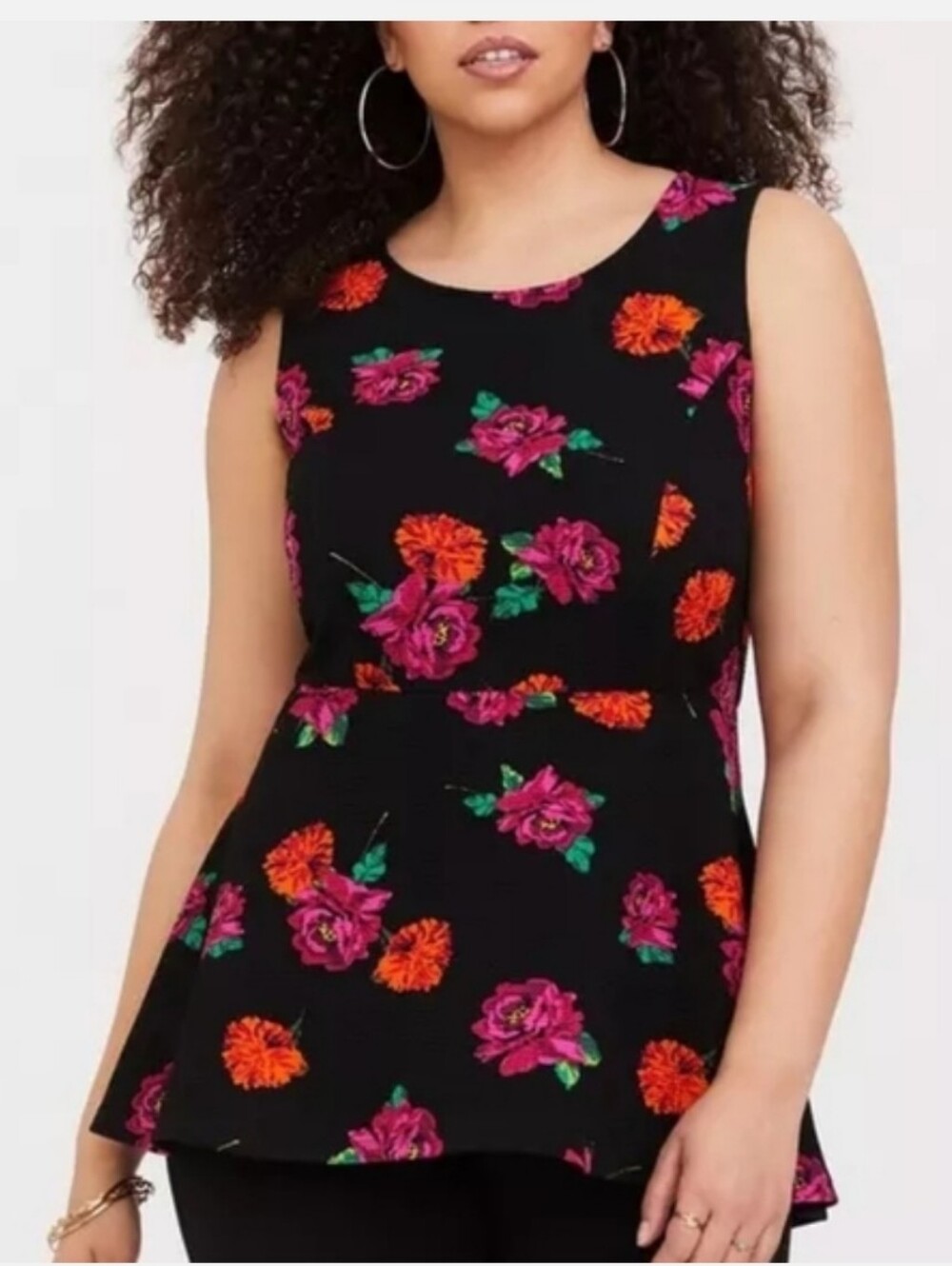 Torrid Black Sleeveless Peplum Top with Pink & Orange Floral Print 5X